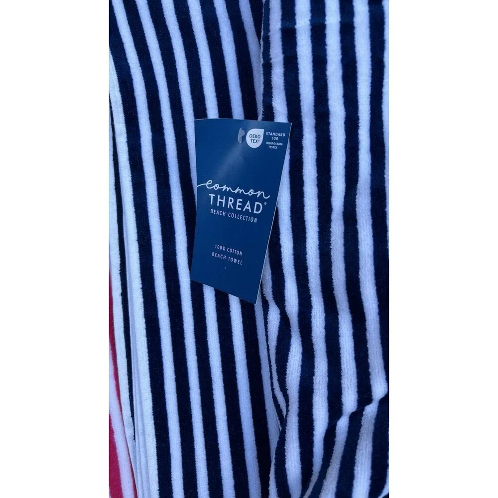 Common Thread Beach Towel Set Navy Blue & Pink White Stripes Soft Cotton New